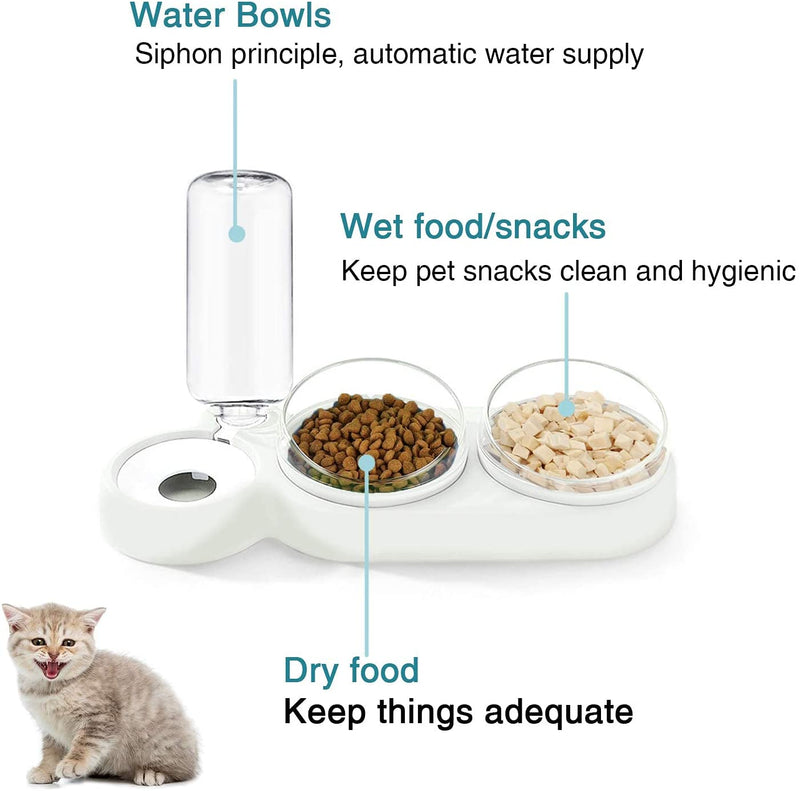 auvstar Tilted Cat Bowls Cat Water Bowl,3in1 Cat Wet and dry food bowl Set,Pet Feeding Plastic Bowl,Pets Cats Dogs Automatic Waterer and Food Feeder,15° Anti Vomiting Elevated Cat Bowls Tilted (White)