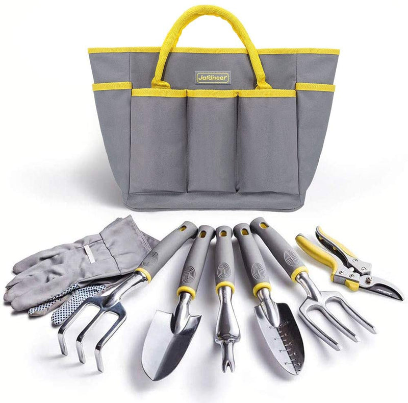 Jardineer Garden Tools Set, 8PCS Heavy Duty Garden Tool Kit with Outdoor Hand Tools, Garden Gloves and Storage Tote Bag, Gardening Tools Gifts for Women and Men 8 pcs gray
