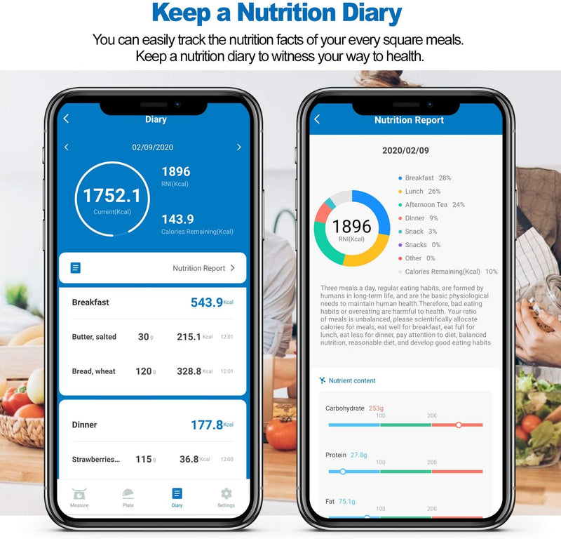 Digital Food Scale, Kitchen Scale for Baking, Cooking and Coffee with Nutritional Calculator for Keto, Macro, Calorie and Weight Loss with Smartphone App, Stainless Steel