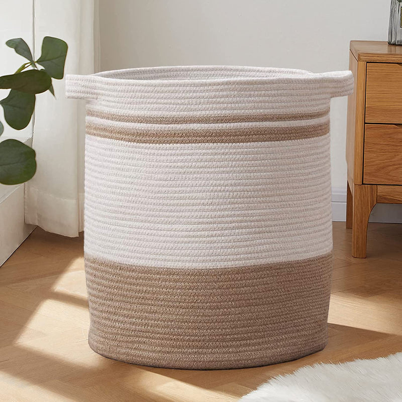 Laundry Basket, Laundry Hamper, Tall Decorative Woven Cotton Rope Basket, Blanket Basket for Living Room, Round Storage Baskets for Pillows, Towels Large (40*40*50cm, White & Brown)