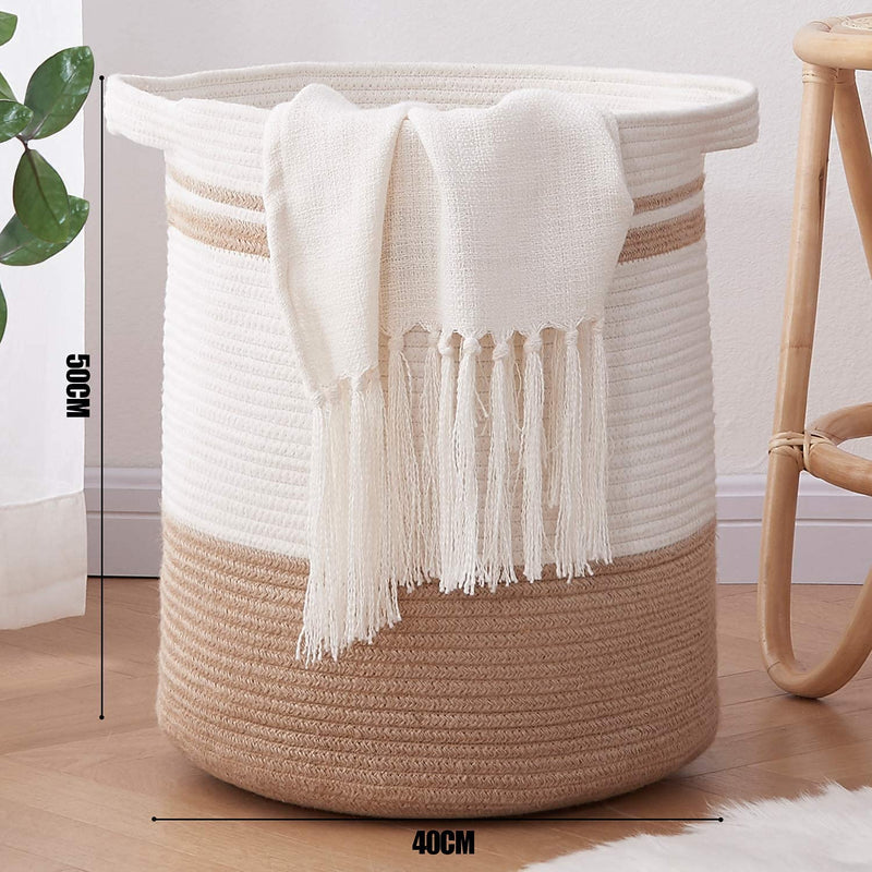 Laundry Basket, Laundry Hamper, Tall Decorative Woven Cotton Rope Basket, Blanket Basket for Living Room, Round Storage Baskets for Pillows, Towels Large (40*40*50cm, White & Brown)