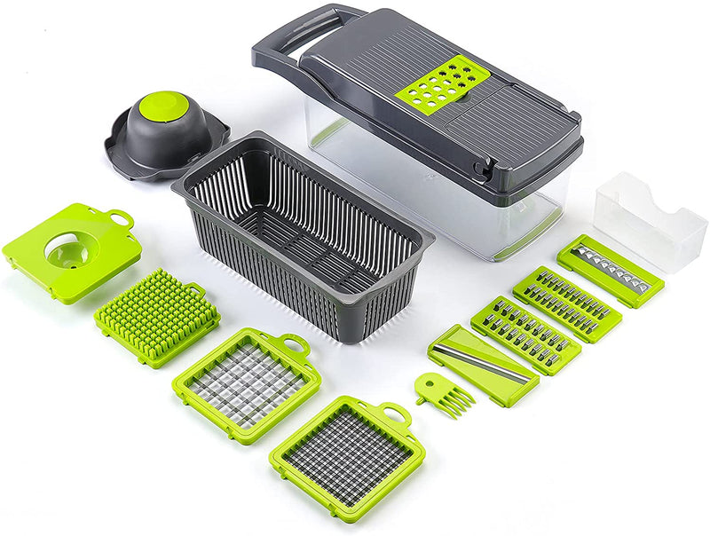 Vegetable Chopper Slicer Dicer - 12 -in -1 Onion Chopper Fruits Cutter Mandoline Slicer Food Chopper/Cutter with 7 Stainless Steel Blades, Adjustable Slicer & Dicer with Storage Container Gray