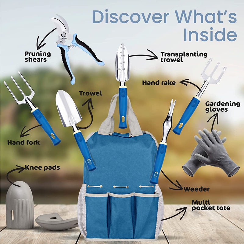 9-Pc. Garden Tools Set & Tote – Multi-Pocket Bag with Knee Support Pads, 6 Aluminium Alloy Hand Tools, & 1-Size-Fits-All Gardening Gloves – Heavy-Duty, Stylish Planting Tool Kit by botana, Blue/Grey