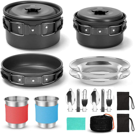 15PCS Camping Cookware Mess Kit for 2 People Non-Stick Lightweight Pots Pan Set with Stainless Steel Cups Plates Forks Knives Spoons for Camping, Backpacking, Outdoor Cooking and Picnic