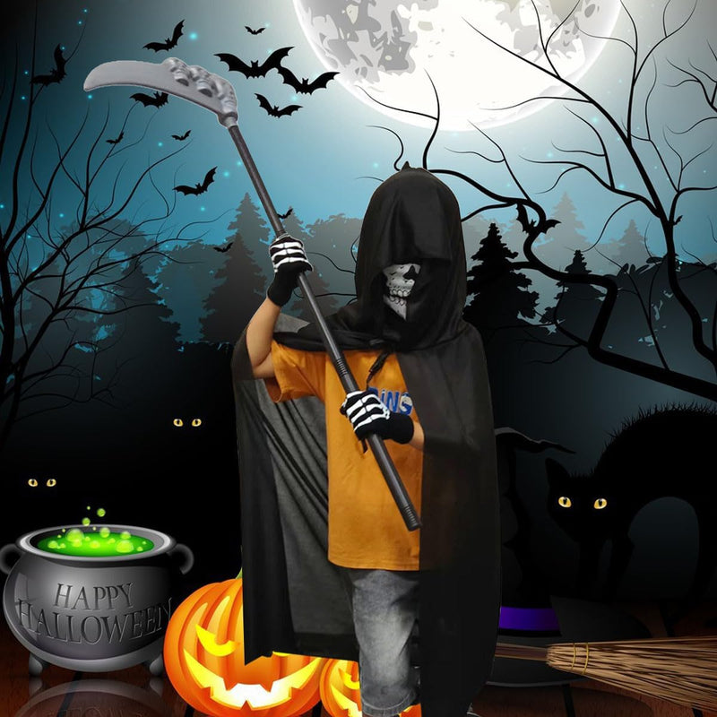 5 Pieces Grim Reaper Costume,Halloween Black Hooded Cape with Scythe, Grim Glasses, Skull Mask, Skeleton Gloves Grim Reaper Party Costumes for Halloween Party Fancy Dress