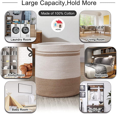 Laundry Basket, Laundry Hamper, Tall Decorative Woven Cotton Rope Basket, Blanket Basket for Living Room, Round Storage Baskets for Pillows, Towels Large (40*40*50cm, White & Brown)