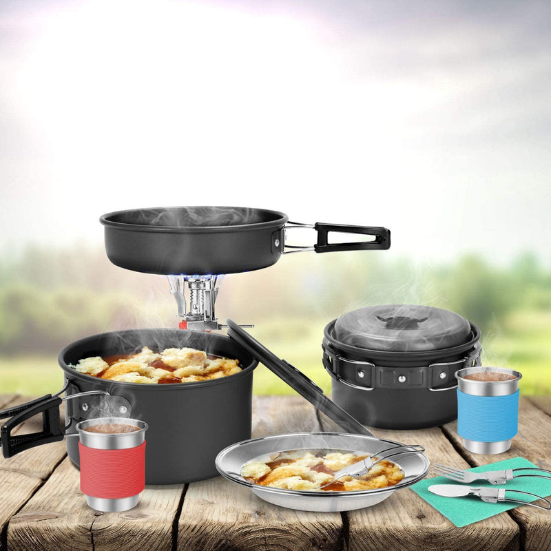 15PCS Camping Cookware Mess Kit for 2 People Non-Stick Lightweight Pots Pan Set with Stainless Steel Cups Plates Forks Knives Spoons for Camping, Backpacking, Outdoor Cooking and Picnic