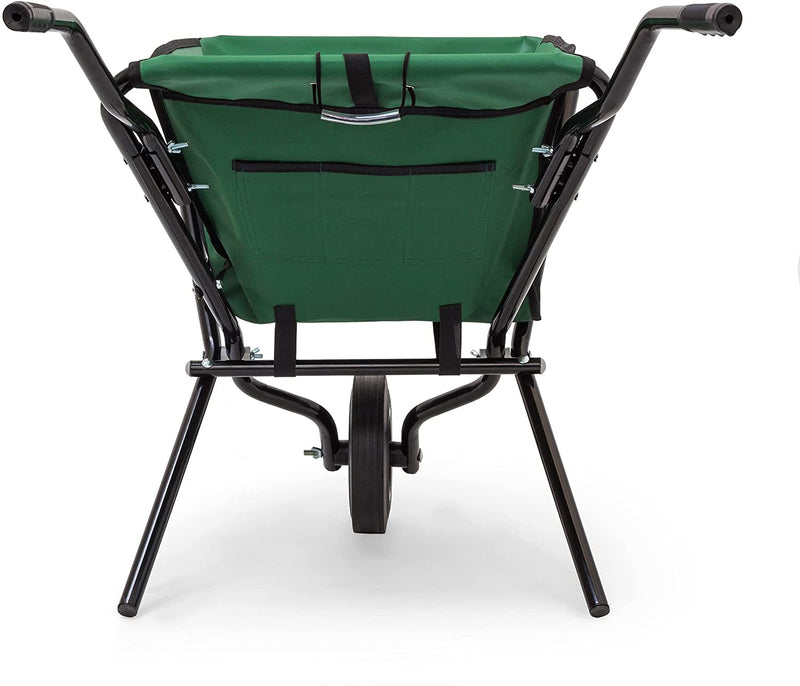 Relaxdays Foldable Wheelbarrow 66 x 64 x 112 cm Folding Barrow Cart of Steel with Strong Polyester, Space-Saving Garden Cart Gardening Wheel Barrow, Holds up to 30 kg, Green