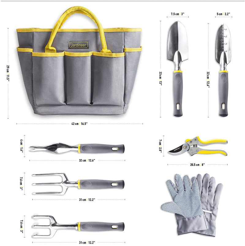 Jardineer Garden Tools Set, 8PCS Heavy Duty Garden Tool Kit with Outdoor Hand Tools, Garden Gloves and Storage Tote Bag, Gardening Tools Gifts for Women and Men 8 pcs gray