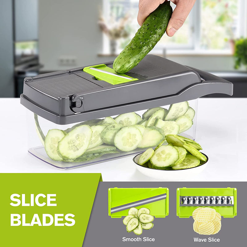 Vegetable Chopper Slicer Dicer - 12 -in -1 Onion Chopper Fruits Cutter Mandoline Slicer Food Chopper/Cutter with 7 Stainless Steel Blades, Adjustable Slicer & Dicer with Storage Container Gray
