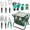 Garden Tools Set 11 Piece Gardening Tools Kit with Folding Stool for Women & Men, Garden Tools Set with 6 Hand Tools, Garden Storage Tote, Watering Pot,Garden Gloves and Garden Twist Tie Green