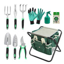 Garden Tools Set 11 Piece Gardening Tools Kit with Folding Stool for Women & Men, Garden Tools Set with 6 Hand Tools, Garden Storage Tote, Watering Pot,Garden Gloves and Garden Twist Tie Green