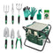 Garden Tools Set 11 Piece Gardening Tools Kit with Folding Stool for Women & Men, Garden Tools Set with 6 Hand Tools, Garden Storage Tote, Watering Pot,Garden Gloves and Garden Twist Tie Green