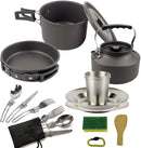 17pcs Camping Cookware Mess Kit, Non-Stick Lightweight Pots Pan Set with Stainless Steel Cups Plates Forks Knives Spoons for Camping, Backpacking, Outdoor Cooking and Picnic Black