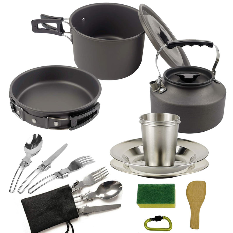 17pcs Camping Cookware Mess Kit, Non-Stick Lightweight Pots Pan Set with Stainless Steel Cups Plates Forks Knives Spoons for Camping, Backpacking, Outdoor Cooking and Picnic Black