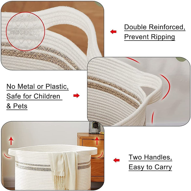 Laundry Basket, Laundry Hamper, Tall Decorative Woven Cotton Rope Basket, Blanket Basket for Living Room, Round Storage Baskets for Pillows, Towels Large (40*40*50cm, White & Brown)