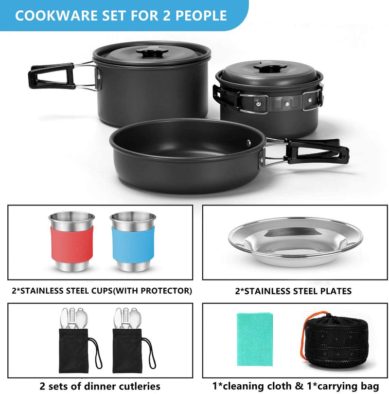 15PCS Camping Cookware Mess Kit for 2 People Non-Stick Lightweight Pots Pan Set with Stainless Steel Cups Plates Forks Knives Spoons for Camping, Backpacking, Outdoor Cooking and Picnic