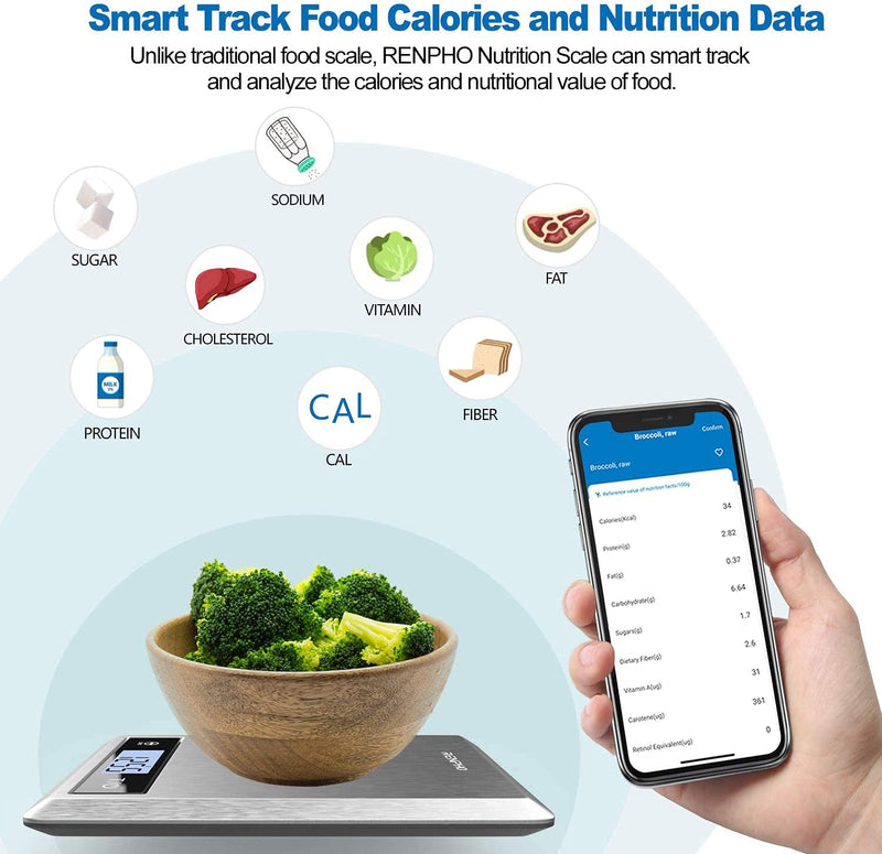Digital Food Scale, Kitchen Scale for Baking, Cooking and Coffee with Nutritional Calculator for Keto, Macro, Calorie and Weight Loss with Smartphone App, Stainless Steel