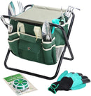 Garden Tools Set 11 Piece Gardening Tools Kit with Folding Stool for Women & Men, Garden Tools Set with 6 Hand Tools, Garden Storage Tote, Watering Pot,Garden Gloves and Garden Twist Tie Green