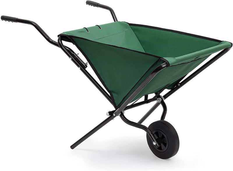 Relaxdays Foldable Wheelbarrow 66 x 64 x 112 cm Folding Barrow Cart of Steel with Strong Polyester, Space-Saving Garden Cart Gardening Wheel Barrow, Holds up to 30 kg, Green