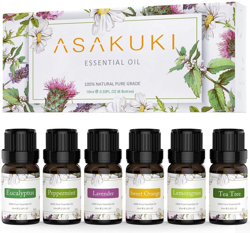 ASAKUKI Essential Oils Set 6 x 10ml, 100% Pure & Natural Aromatherapy Oils - Lavender, Eucalyptus, Lemongrass, Tea Tree, Sweet Orange, Peppermint Diffuser Oil for Massage Hair Care Wellness Gift Set 10 ml (Pack of 6)