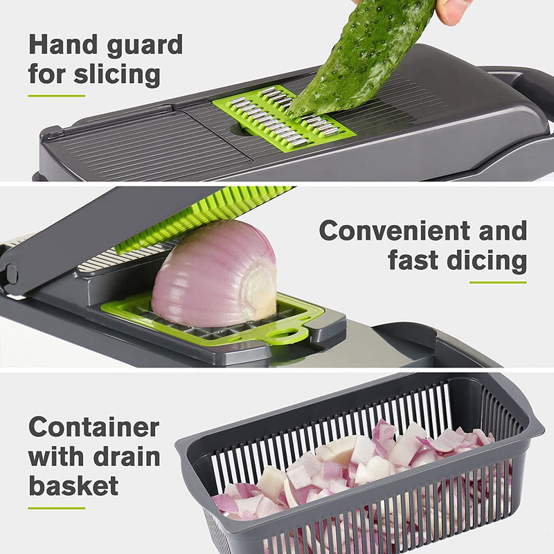 Vegetable Chopper Slicer Dicer - 12 -in -1 Onion Chopper Fruits Cutter Mandoline Slicer Food Chopper/Cutter with 7 Stainless Steel Blades, Adjustable Slicer & Dicer with Storage Container Gray