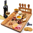 Bamboo Cheese Board Set Charcuterie Board Platter Serving Meat Board Including 4 Stainless Steel Knife and Serving Utensils for Christmas Wedding Birthday Anniversary