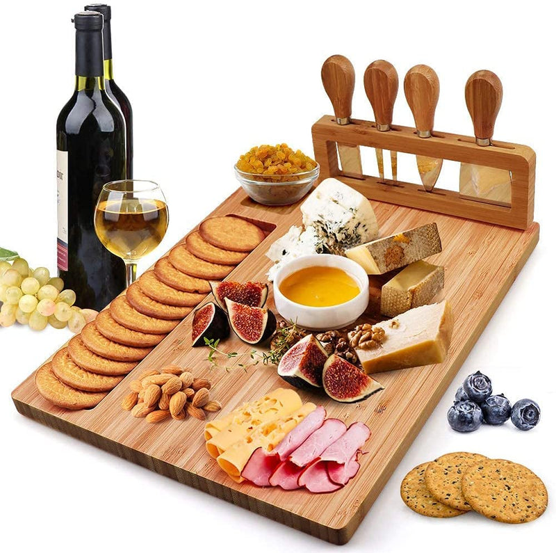 Bamboo Cheese Board Set Charcuterie Board Platter Serving Meat Board Including 4 Stainless Steel Knife and Serving Utensils for Christmas Wedding Birthday Anniversary