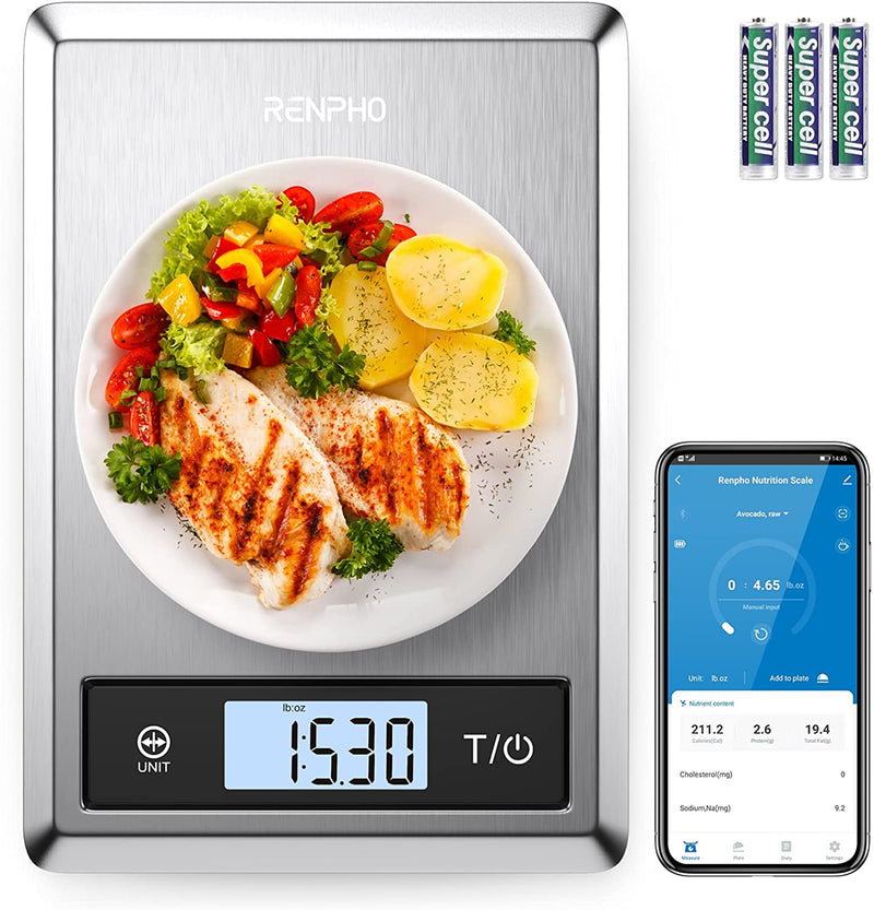 Digital Food Scale, Kitchen Scale for Baking, Cooking and Coffee with Nutritional Calculator for Keto, Macro, Calorie and Weight Loss with Smartphone App, Stainless Steel