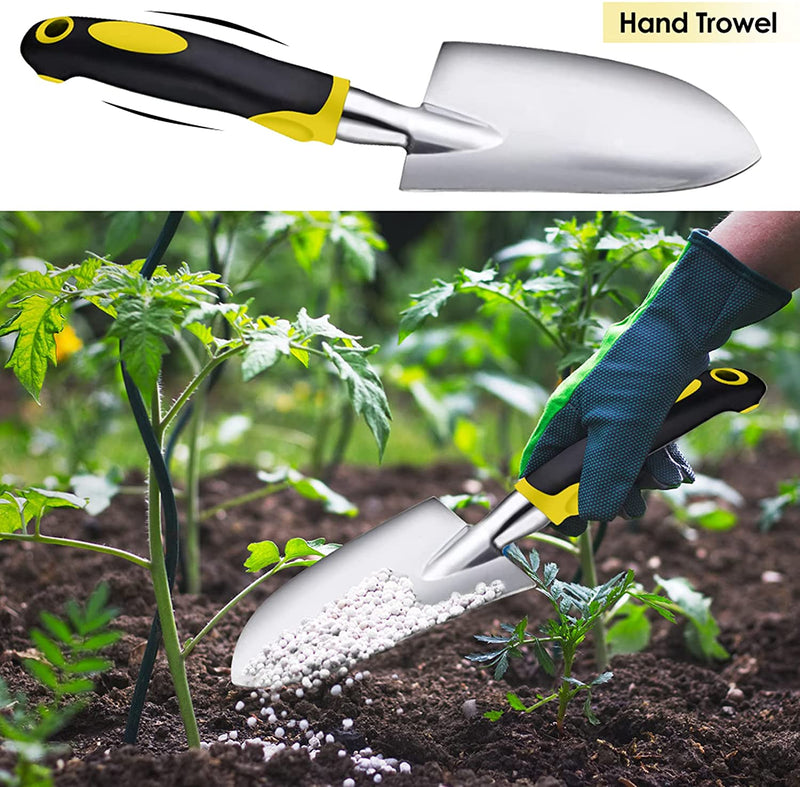 Garden Tools Set, 5 Piece Heavy Duty Aluminum Gardening Tools kit，Non-Slip Rubber Grip Gardening Tools for Man, Women (Yellow)