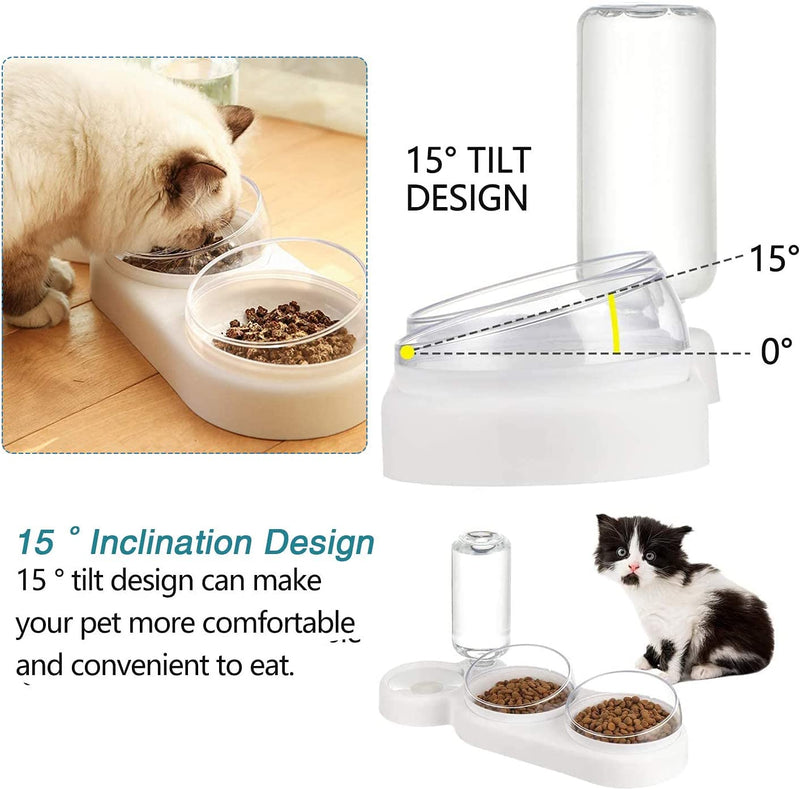auvstar Tilted Cat Bowls Cat Water Bowl,3in1 Cat Wet and dry food bowl Set,Pet Feeding Plastic Bowl,Pets Cats Dogs Automatic Waterer and Food Feeder,15° Anti Vomiting Elevated Cat Bowls Tilted (White)