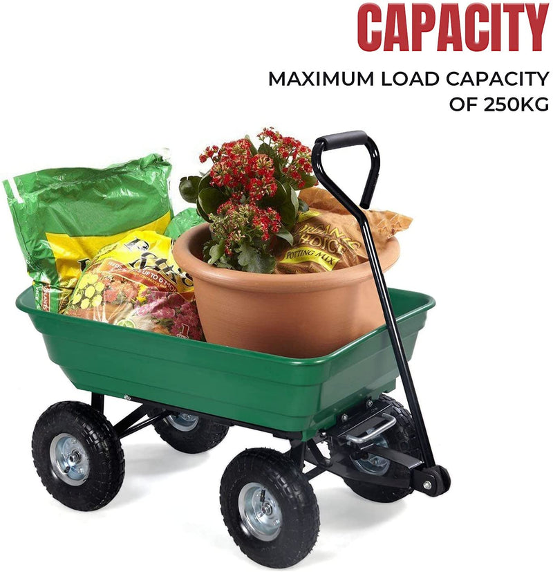 Directly2U Poly Garden Dump Cart Carrier Wheelbarrow Utility Wagon Cart for Garden and Nurseries, Heavy Duty Steel Frame with 250kg Maximum Load Capacity (Green)