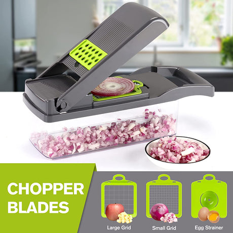 Vegetable Chopper Slicer Dicer - 12 -in -1 Onion Chopper Fruits Cutter Mandoline Slicer Food Chopper/Cutter with 7 Stainless Steel Blades, Adjustable Slicer & Dicer with Storage Container Gray