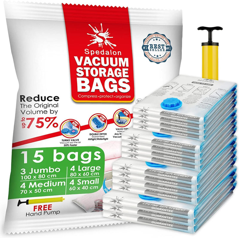 Vacuum Storage Bags - Pack of 15 (3 Jumbo + 4 Large + 4 Medium + 4 Small) ReUsable Space Savers | Free Hand Pump for Travel Packing. Best Sealer Bags for Clothes, Duvets, Bedding, Pillows, Blankets