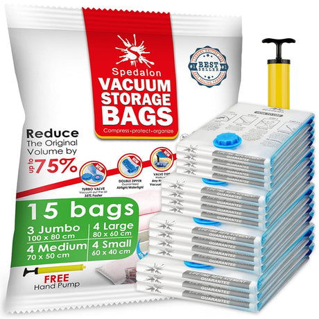 Vacuum Storage Bags - Pack of 15 (3 Jumbo + 4 Large + 4 Medium + 4 Small) ReUsable Space Savers | Free Hand Pump for Travel Packing. Best Sealer Bags for Clothes, Duvets, Bedding, Pillows, Blankets