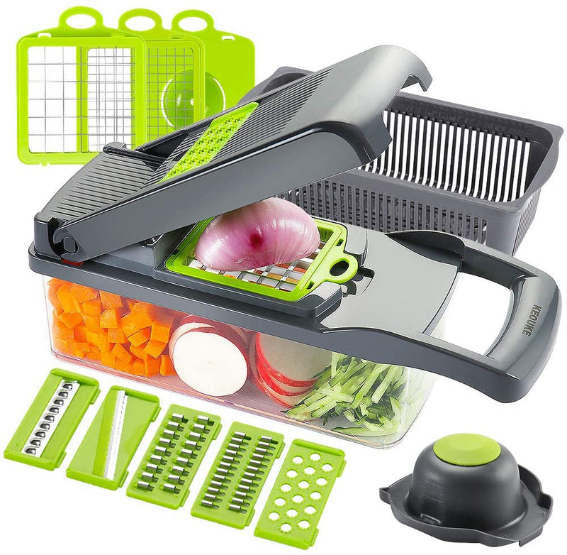 Vegetable Chopper Slicer Dicer - 12 -in -1 Onion Chopper Fruits Cutter Mandoline Slicer Food Chopper/Cutter with 7 Stainless Steel Blades, Adjustable Slicer & Dicer with Storage Container Gray