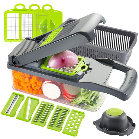 Vegetable Chopper Slicer Dicer - 12 -in -1 Onion Chopper Fruits Cutter Mandoline Slicer Food Chopper/Cutter with 7 Stainless Steel Blades, Adjustable Slicer & Dicer with Storage Container Gray