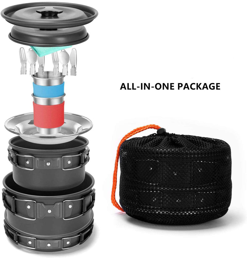 15PCS Camping Cookware Mess Kit for 2 People Non-Stick Lightweight Pots Pan Set with Stainless Steel Cups Plates Forks Knives Spoons for Camping, Backpacking, Outdoor Cooking and Picnic