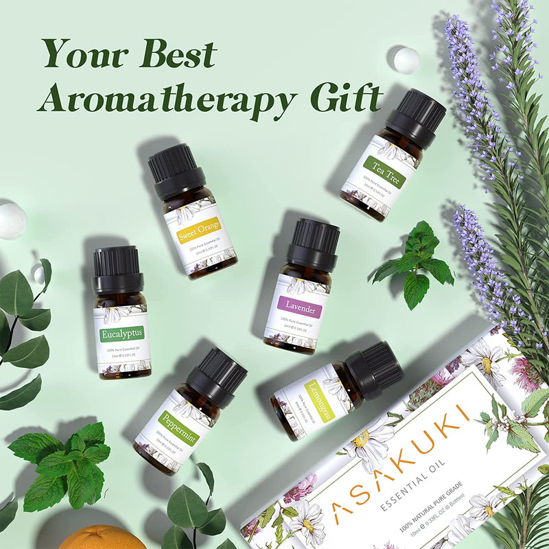 ASAKUKI Essential Oils Set 6 x 10ml, 100% Pure & Natural Aromatherapy Oils - Lavender, Eucalyptus, Lemongrass, Tea Tree, Sweet Orange, Peppermint Diffuser Oil for Massage Hair Care Wellness Gift Set 10 ml (Pack of 6)