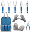 9-Pc. Garden Tools Set & Tote – Multi-Pocket Bag with Knee Support Pads, 6 Aluminium Alloy Hand Tools, & 1-Size-Fits-All Gardening Gloves – Heavy-Duty, Stylish Planting Tool Kit by botana, Blue/Grey