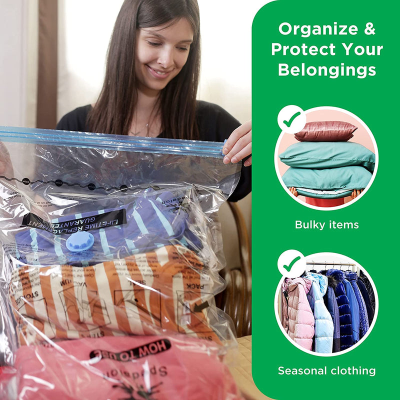 Vacuum Storage Bags - Pack of 20 (5 Jumbo + 5 Large + 5 Medium + 5 Small) ReUsable with free Hand Pump for travel packing | Best Sealer Bags for Clothes, Duvets, Bedding, Pillows, Blankets, Curtains 20 Bags - 5J + 5L + 5M + 5S