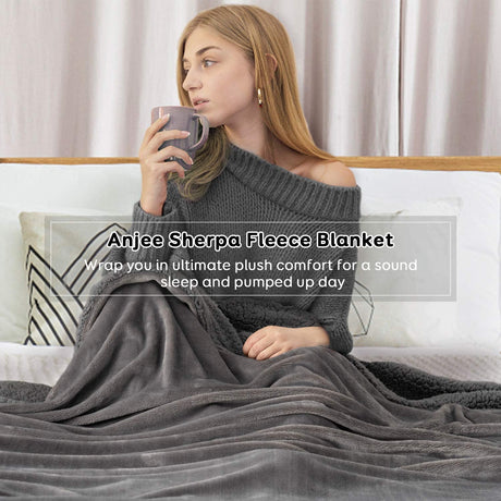Sherpa Fleece Throw Blanket, Double-Sided Super Soft Reversible Bed and Couch Blanket, Warm and Lightweight Home Decoration Blanket, Grey for Single Size 130 x 150cm 130 x 150cm Grey