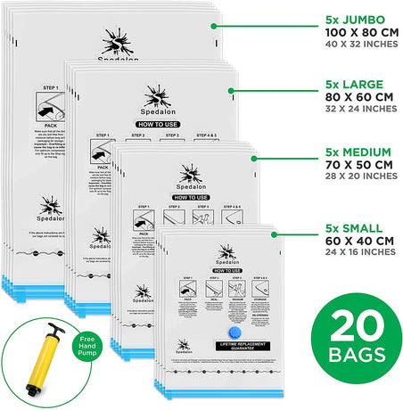 Vacuum Storage Bags - Pack of 20 (5 Jumbo + 5 Large + 5 Medium + 5 Small) ReUsable with free Hand Pump for travel packing | Best Sealer Bags for Clothes, Duvets, Bedding, Pillows, Blankets, Curtains 20 Bags - 5J + 5L + 5M + 5S