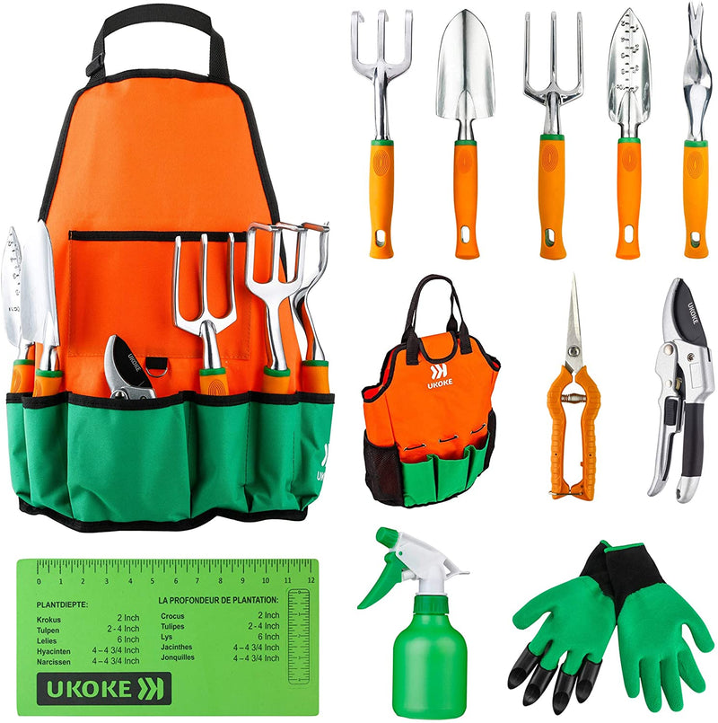Garden Tool Set, 12 Piece Aluminum Hand Tool Kit, Garden Canvas Apron with Storage Pocket, Outdoor Tool, Heavy Duty Gardening Work Set with Ergonomic Handle, Gardening Tools for women men Orange 12PCS