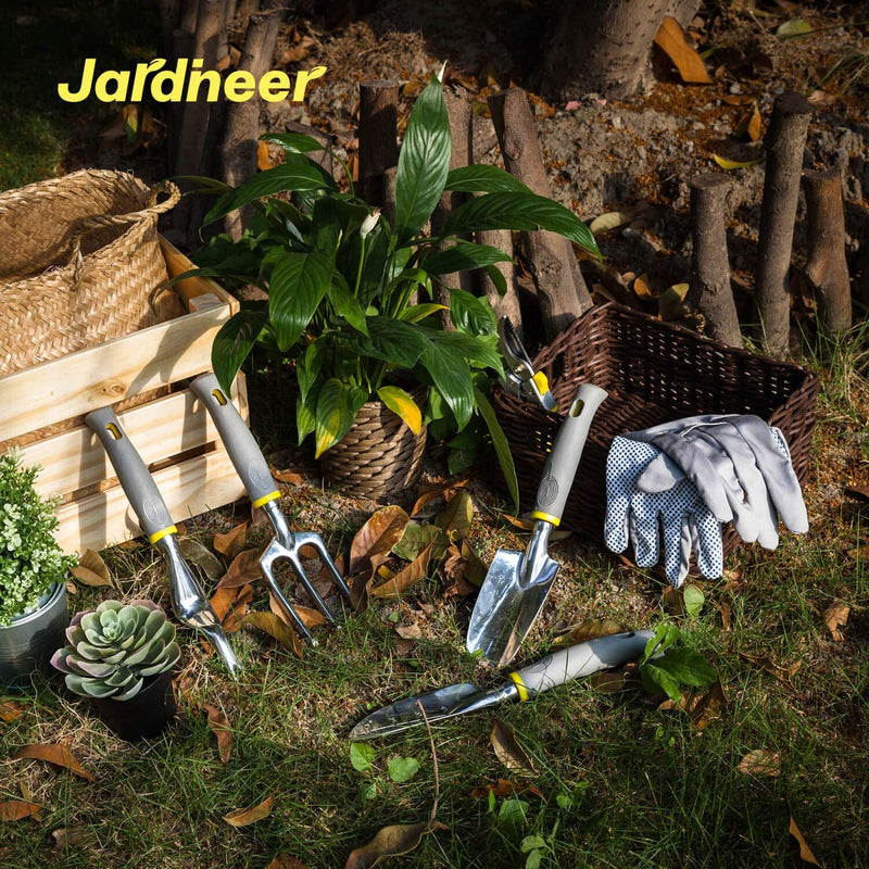 Jardineer Garden Tools Set, 8PCS Heavy Duty Garden Tool Kit with Outdoor Hand Tools, Garden Gloves and Storage Tote Bag, Gardening Tools Gifts for Women and Men 8 pcs gray