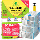 Vacuum Storage Bags - Pack of 20 (5 Jumbo + 5 Large + 5 Medium + 5 Small) ReUsable with free Hand Pump for travel packing | Best Sealer Bags for Clothes, Duvets, Bedding, Pillows, Blankets, Curtains 20 Bags - 5J + 5L + 5M + 5S