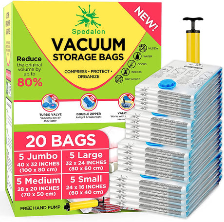 Vacuum Storage Bags - Pack of 20 (5 Jumbo + 5 Large + 5 Medium + 5 Small) ReUsable with free Hand Pump for travel packing | Best Sealer Bags for Clothes, Duvets, Bedding, Pillows, Blankets, Curtains 20 Bags - 5J + 5L + 5M + 5S