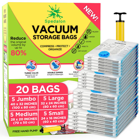 Vacuum Storage Bags - Pack of 20 (5 Jumbo + 5 Large + 5 Medium + 5 Small) ReUsable with free Hand Pump for travel packing | Best Sealer Bags for Clothes, Duvets, Bedding, Pillows, Blankets, Curtains 20 Bags - 5J + 5L + 5M + 5S