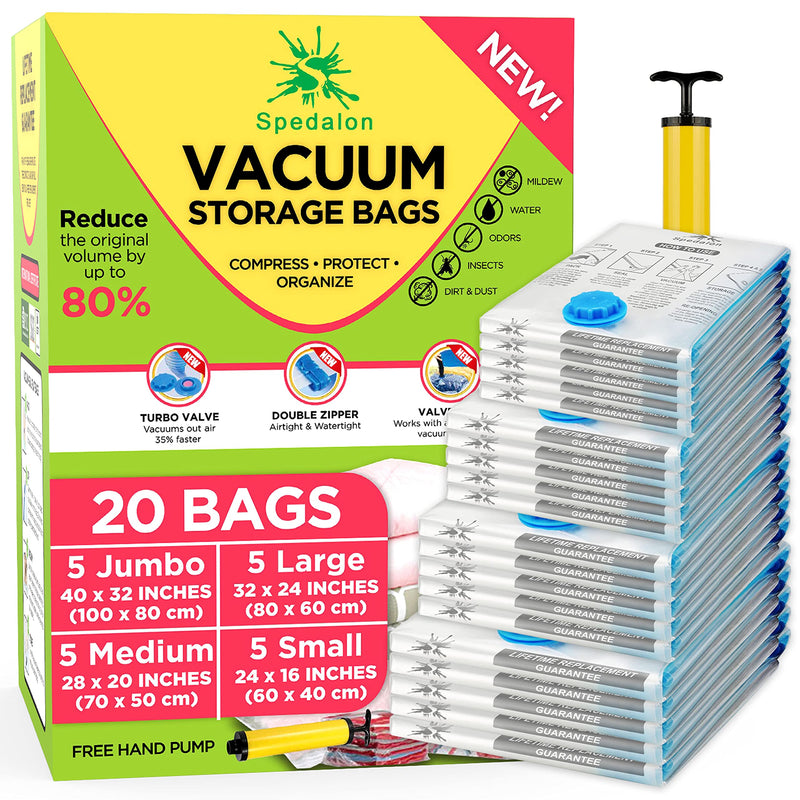 Vacuum Storage Bags - Pack of 20 (5 Jumbo + 5 Large + 5 Medium + 5 Small) ReUsable with free Hand Pump for travel packing | Best Sealer Bags for Clothes, Duvets, Bedding, Pillows, Blankets, Curtains 20 Bags - 5J + 5L + 5M + 5S