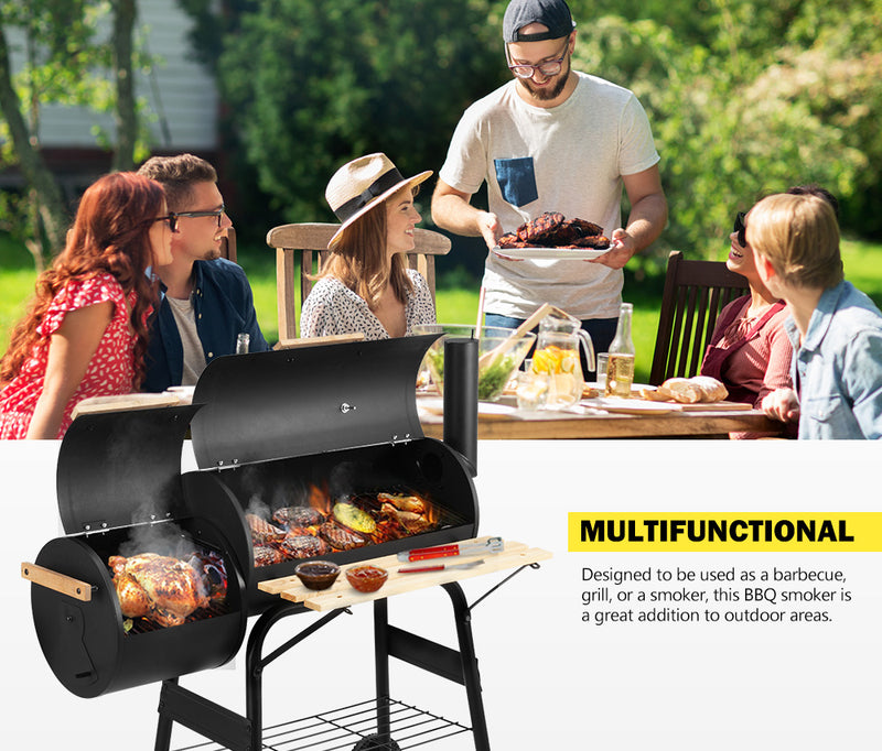 2 in 1 BBQ Smoker Charcoal Grill Roaster Portable Offset Camping Outdoor Barbecue